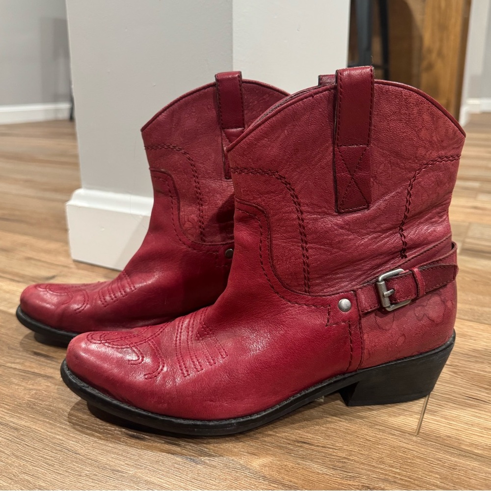 Franco Sarto Red Leather Western Ankle Boots